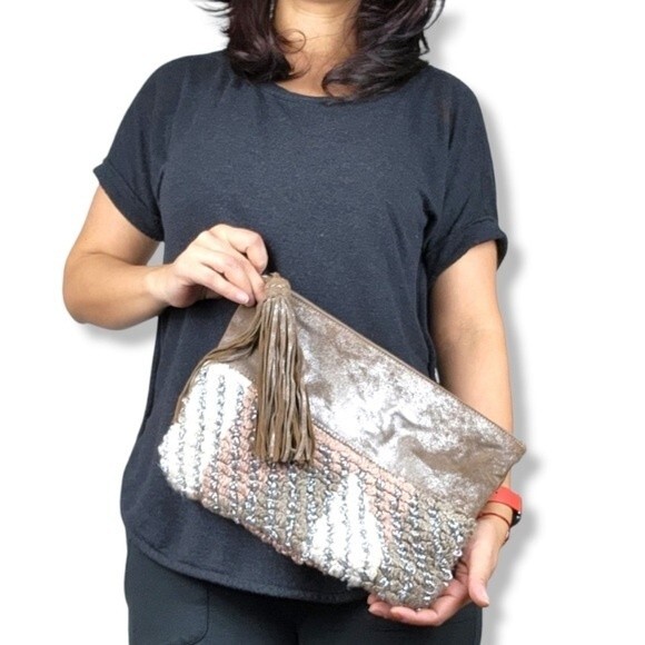 Anthropologie Jasper Jeera Woven Leather Tassled Clutch NWOT - Picture 2 of 13